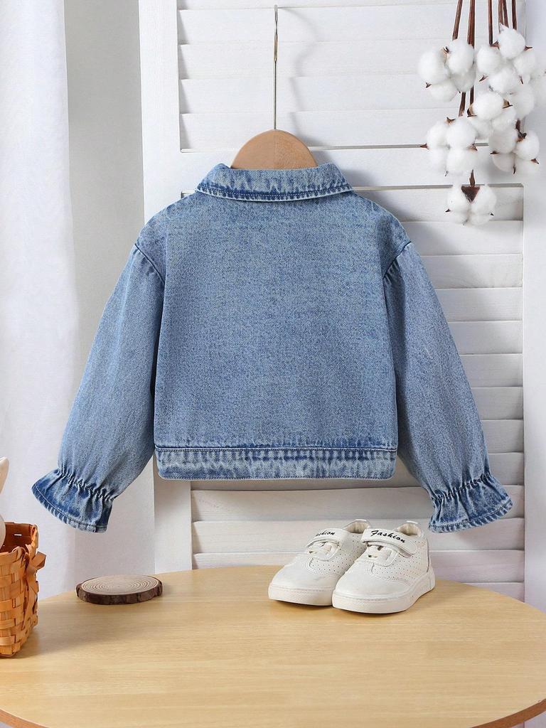 Girls' Casual, Simple, and Comfortable Denim Jacket with Lotus-Leaf Sleeves (Spring/Summer)