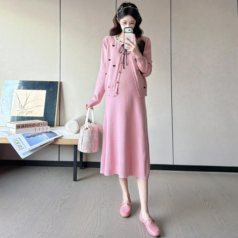 Elegant Spring Maternity Knit Cardigan & Camisole Dress Set L