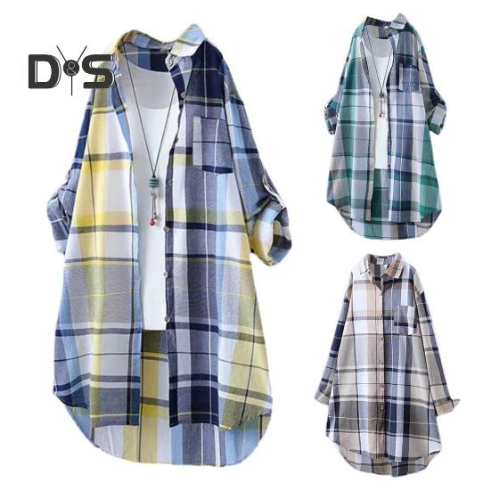 Cămașă pentru femei, cu rever, cu mânecă lungă, cu imprimeu în carouri, cu buzunar, cămașă cu un singur piept de lungime medie