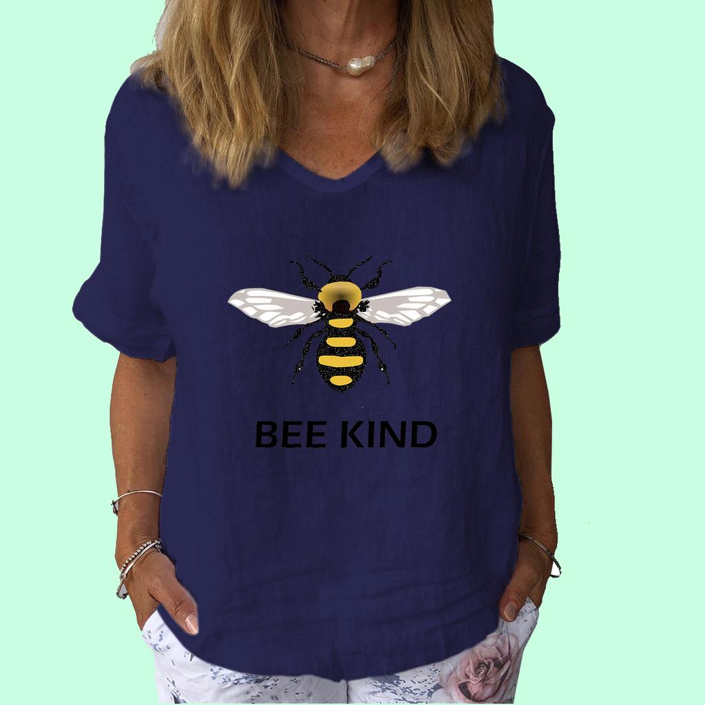 Women Fashion V Neck Short Sleeve Top Summer Casual Cotton Linen Shirt Ladies Print T-shirt