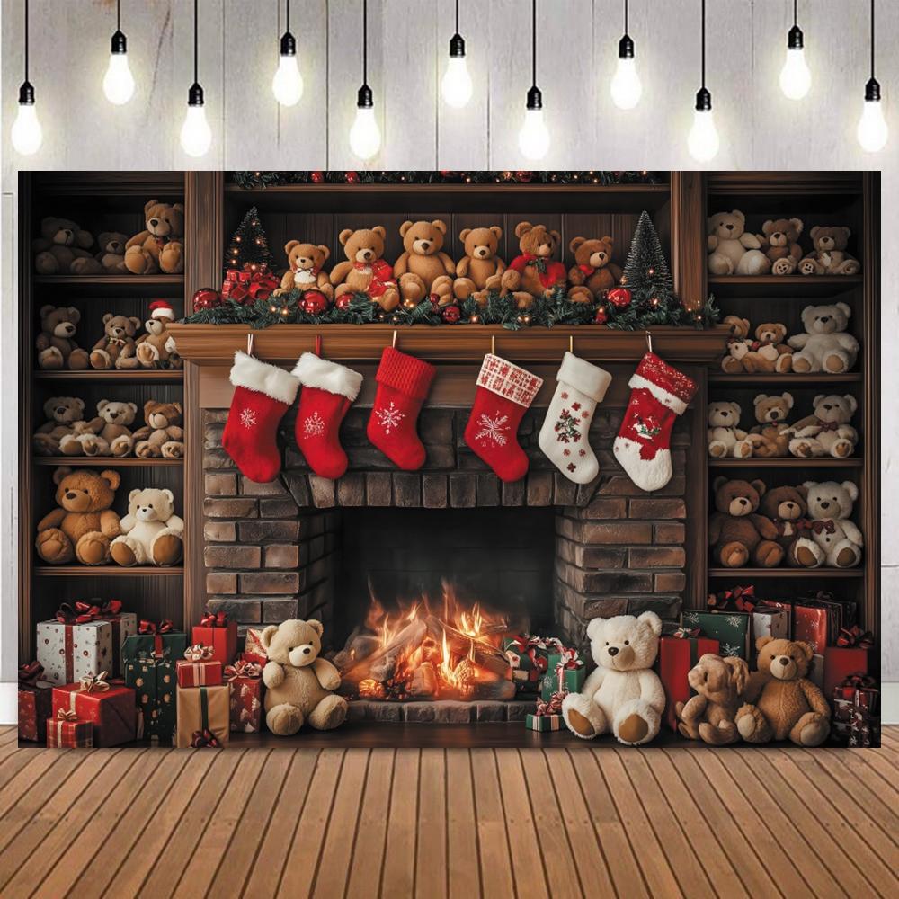 Christmas Classic Interior Room Scene Photo Backdrop Fireplace Xmas Tree Gifts Doll Bears Family Party Photography Background11