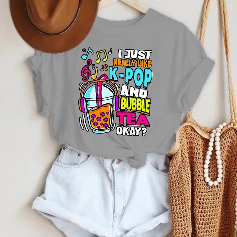 I Just Really Like K-Pop And Bubble Tea Okay Printing T-Shirt Fashion Unisex Short Sleeve Summer Cool Hip Hop Top Tee