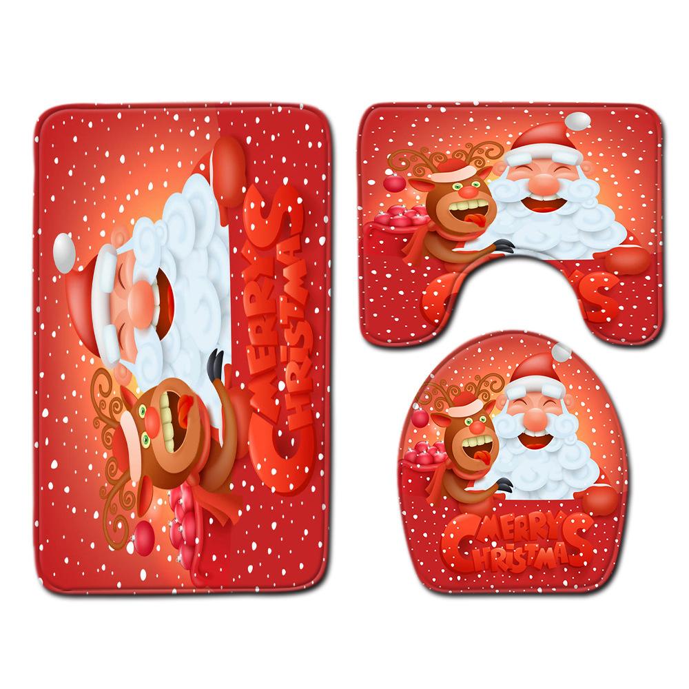 Christmas Waterproof Shower Curtain Four-Piece Floor Mat Combination Set Household Door Mat Bedroom Living Room Carpet