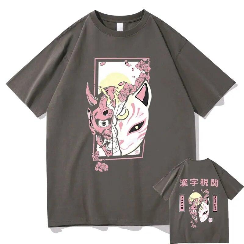 Hannya Mask T Shirts Futuristic Kitsune Mask Graphic T-shirt Japanese Anime Tees Kitsune Streetwear Fox Tshirt Unisex Manga Tops