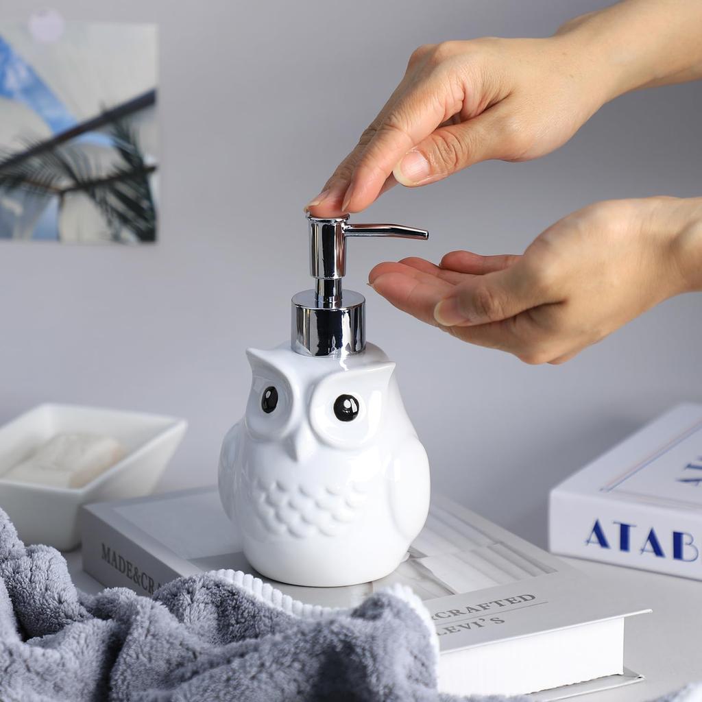 Bicuzat Ceramic White Owl Shaped Soap Dispenser with Plastic Pump, Body Lotion Soap Bottle, Hand Soap Dispenser for Bathroom Kitchen Countertop