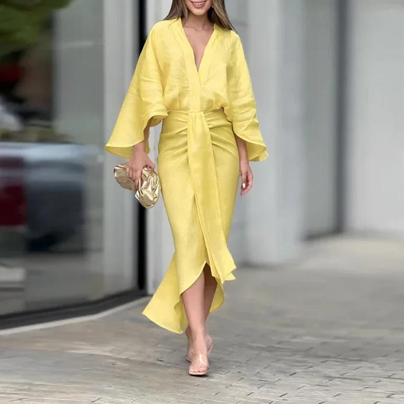 

Женские летние однотонные нерегулярные длинные платья с длинными расклешенными рукавами и v-образным вырезом