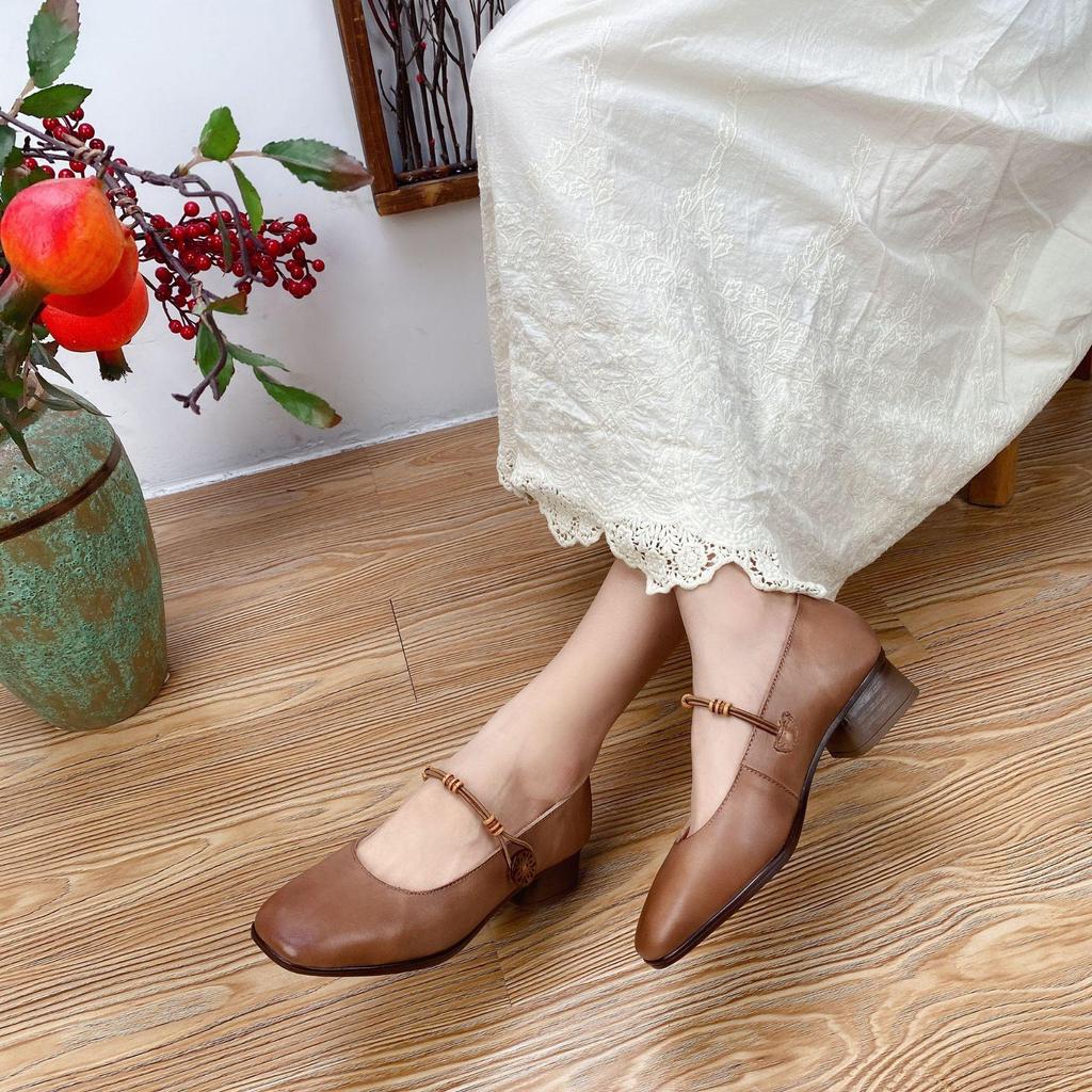 Johnature Genuine Leather Retro Women Shoes Handmade Round Toe Buckle Low Heel Comfortable Pumps