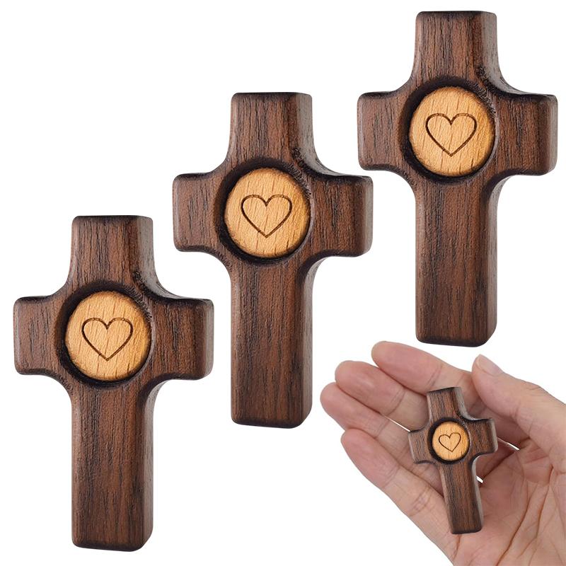 1/3Pcs Wooden Cross Finger Stress Relax Gifts Christians Fidget Cross My Heart Pocket Prayer Cross Spiritual Symbol Home Decor