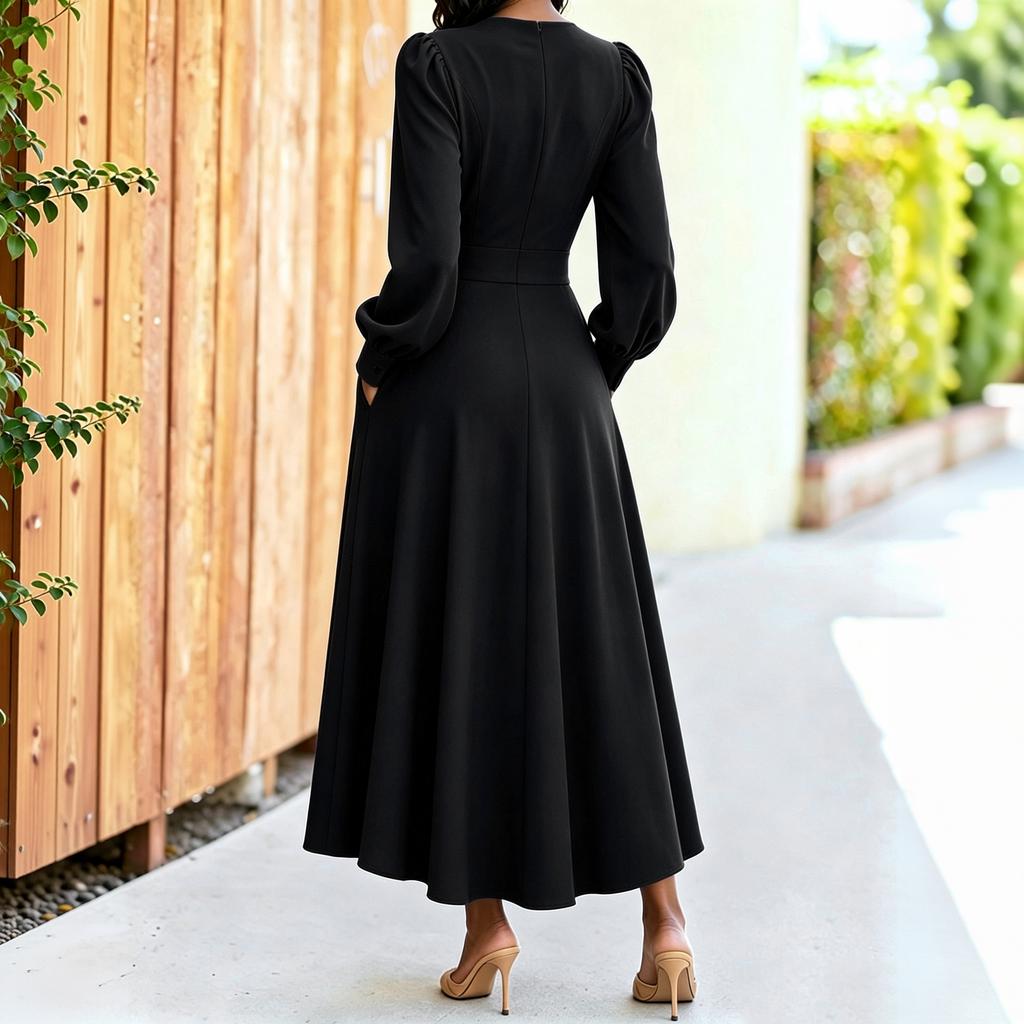 Women's Sleeve V-Neck Slim Fit Swing Dress with Pockets and Cinched Waist