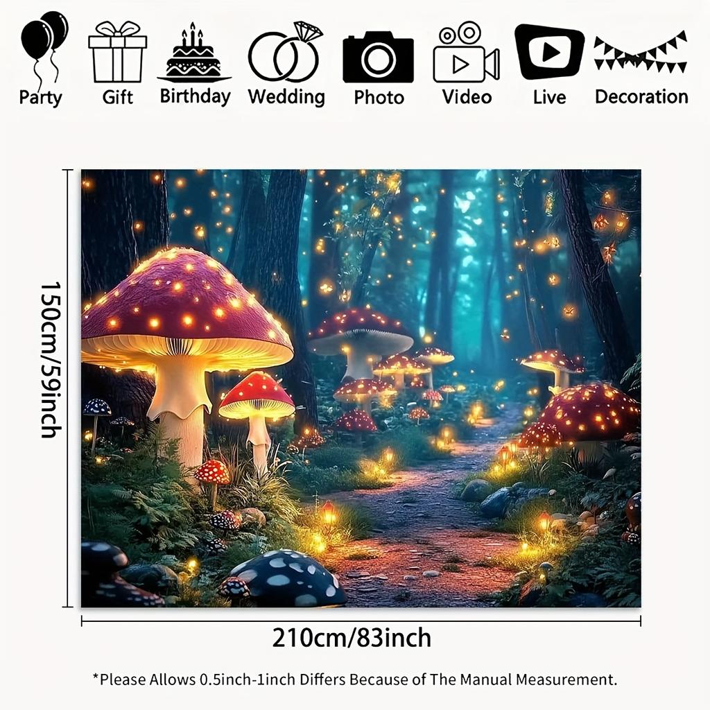 Tło płaskie 2D - Wzorzyste tło fotograficzne z motywem marzycielskiego lasu i grzybów, Wielofunkcyjny baner do dekoracji domu