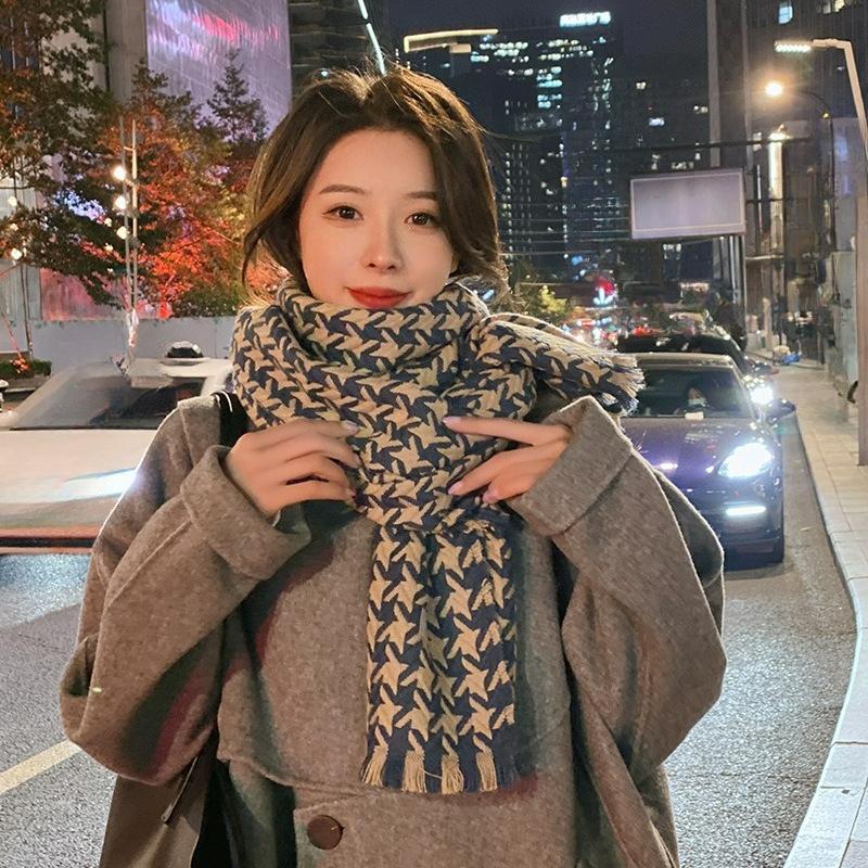 Retro Houndstooth Scarf Women's Autumn and Winter All-match Knitted Warm Couple Scarf Thick