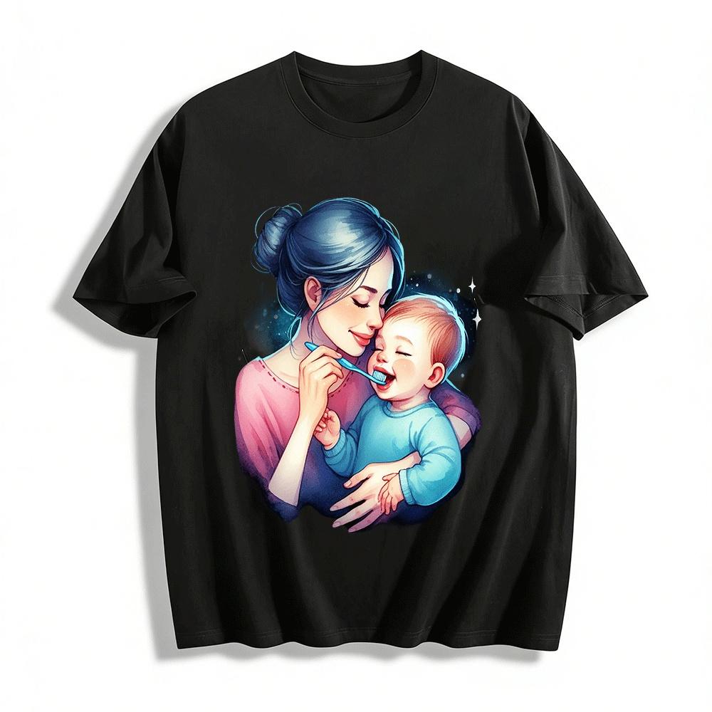Warm Parent Child Tooth Brushing Print Casual Top For Family Pure cotton T-shirt XXS
