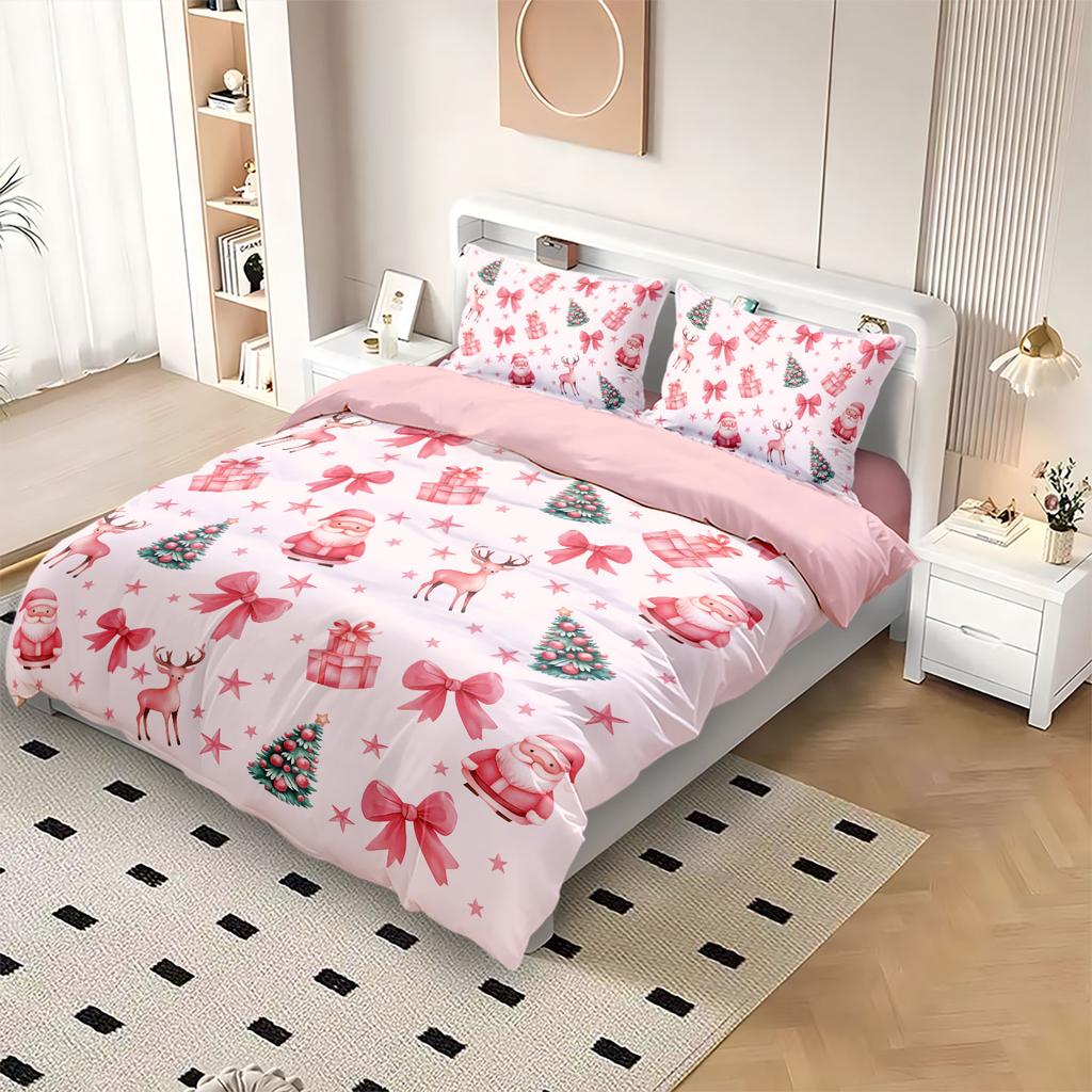 3pcs Pink Christmas Printed Chipless Bedding Set Bedroom Dormitory 1 Duvet Cover+2 Pillowcases Multi Size Machine Washable Set
