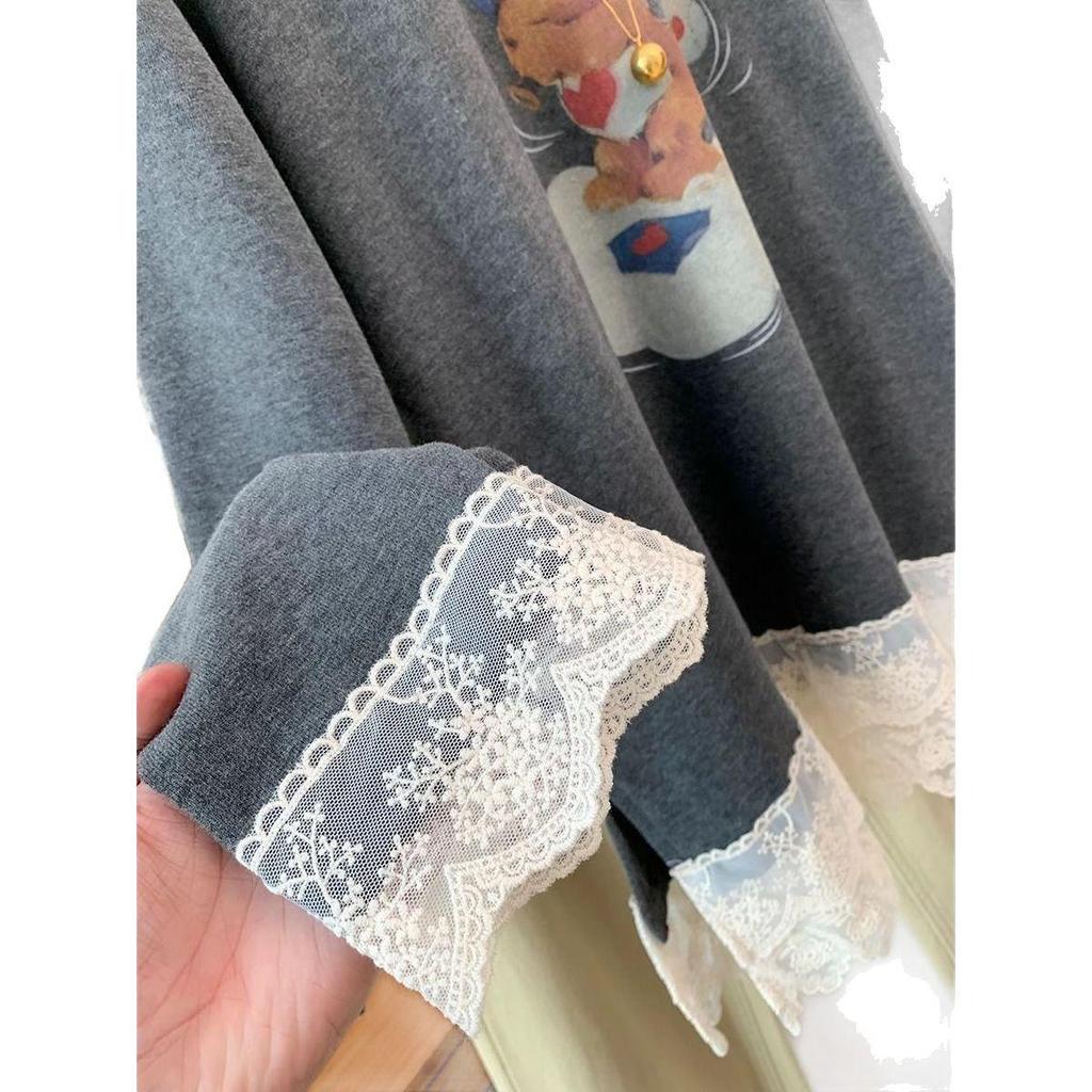 Cartoon Teddy Bear Brushed Lace Long Sleeve T-Shirt - Autumn Winter Slim Fit