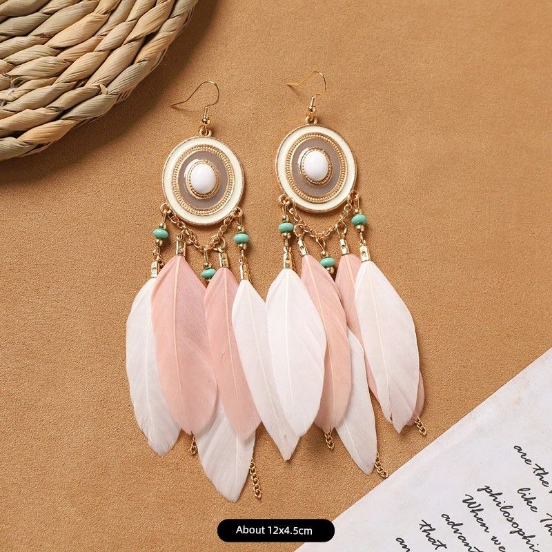 Ethnic Style Bohemia Feather Earrings White Long Style Fashion Retro Stylish Tassel Female Holiday Trip Shoot Earrings