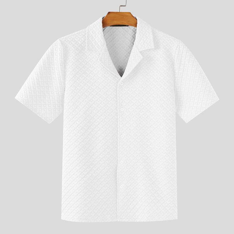 INCERUN Oversized Men Lapel Neck Short Sleeve Texture Buttons Up Casual Shirts