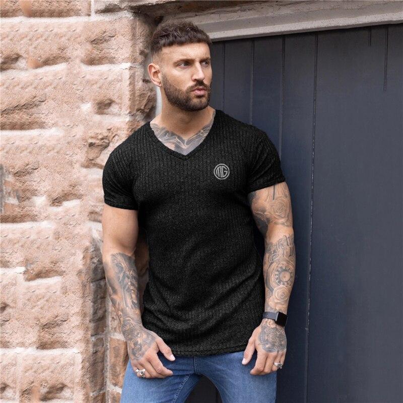 Muscleguys Men's Summer V-neck Casual Fitness Slim Comfortable Knitted Short Sleeves Breathable Tops