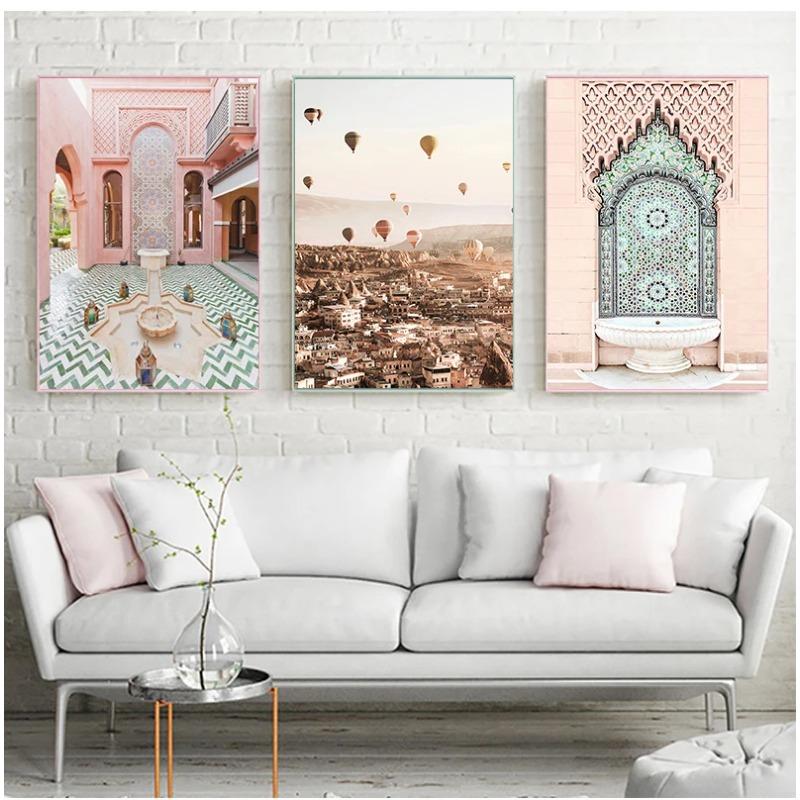 Rosa Stil Blumenposter Grüne Blätter Leinwanddruck Marokko Tür Moderne Wandkunst Bilder für Wohnzimmerdekor