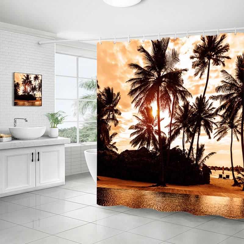 Shower Curtain Bathroom Fabric Non-Punching Beach Natural Scenery Digital Printing Shower Curtain With 12 Hooks