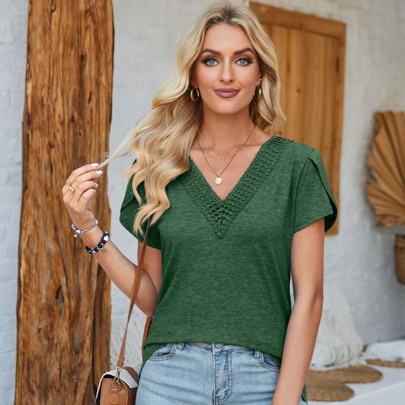 2024 Summer V-neck Loose Petal Sleeve Blouse Women Solid Elegant Plus Size Casual Shirt Women Vintage Simple Office Lady Blouses Tops 24313