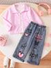 Trendy Girls' Pink Striped Shirt & Ripped Jeans Casual Set