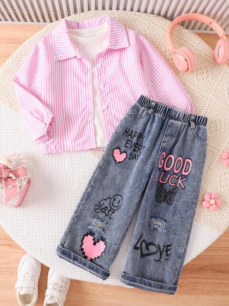 Trendy Girls' Pink Striped Shirt & Ripped Jeans Casual Set