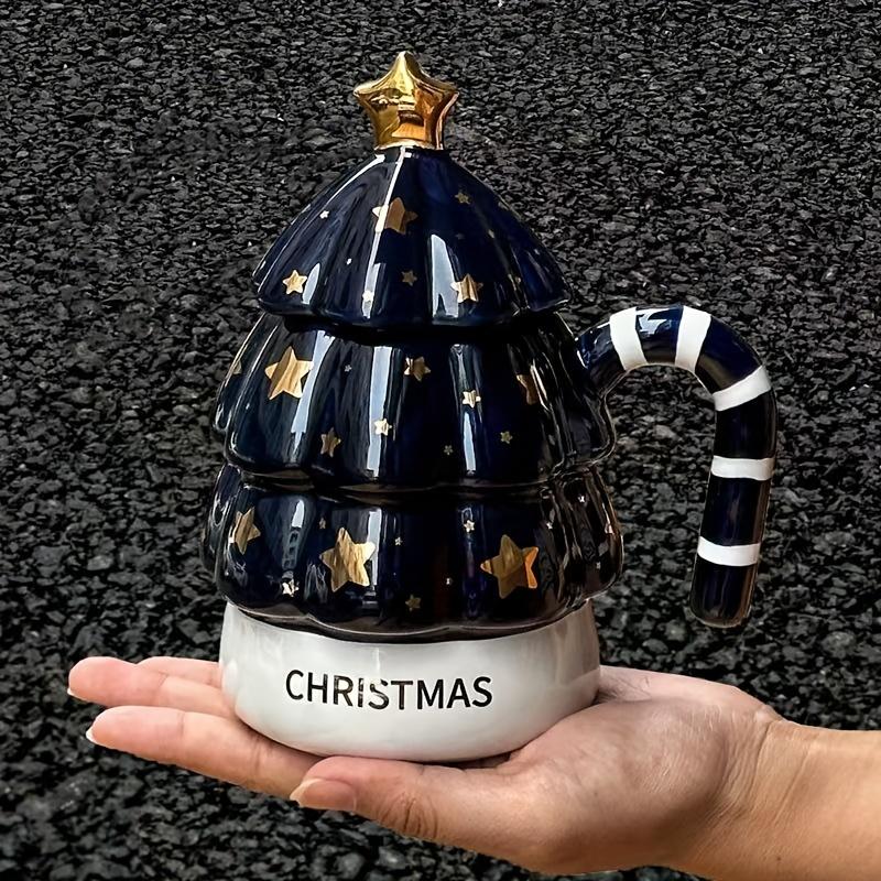 Christmas Tree Ceramic Coffee Mug with Lid ,Reusable, Dishwasher Safe, Perfect for All Seasons, Gifts