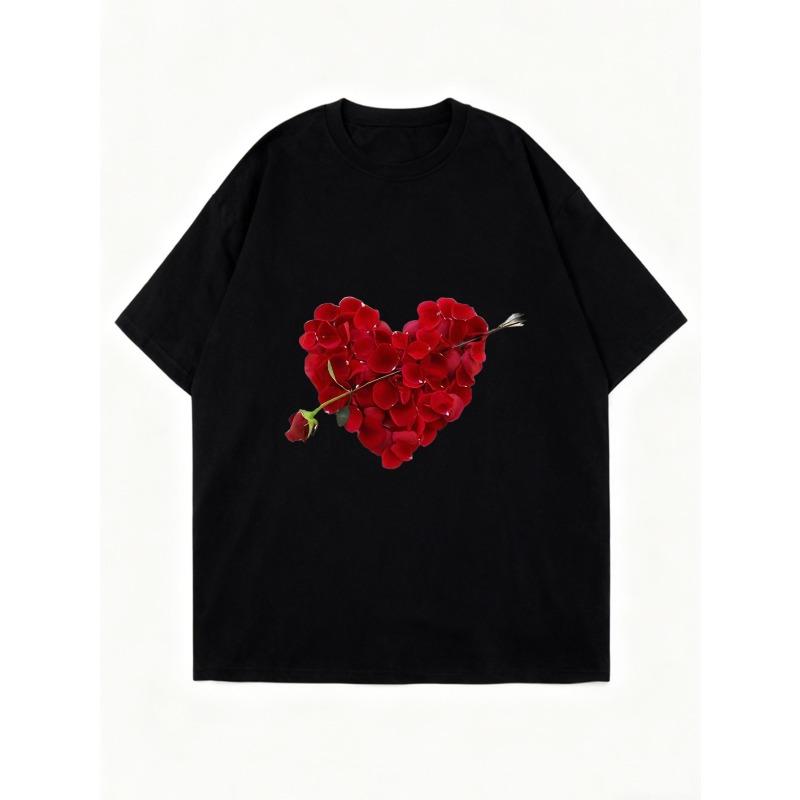 Oversized T Shirt Black Rose Heart With Arrow Print Casual Wear For Women