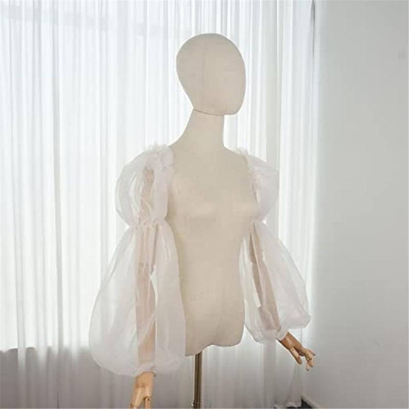 Elegant Tulle Bishop Sleeve False Sleeves Sheer Stage Costume Accessory White Ruffled Long Sleeve for Wedding