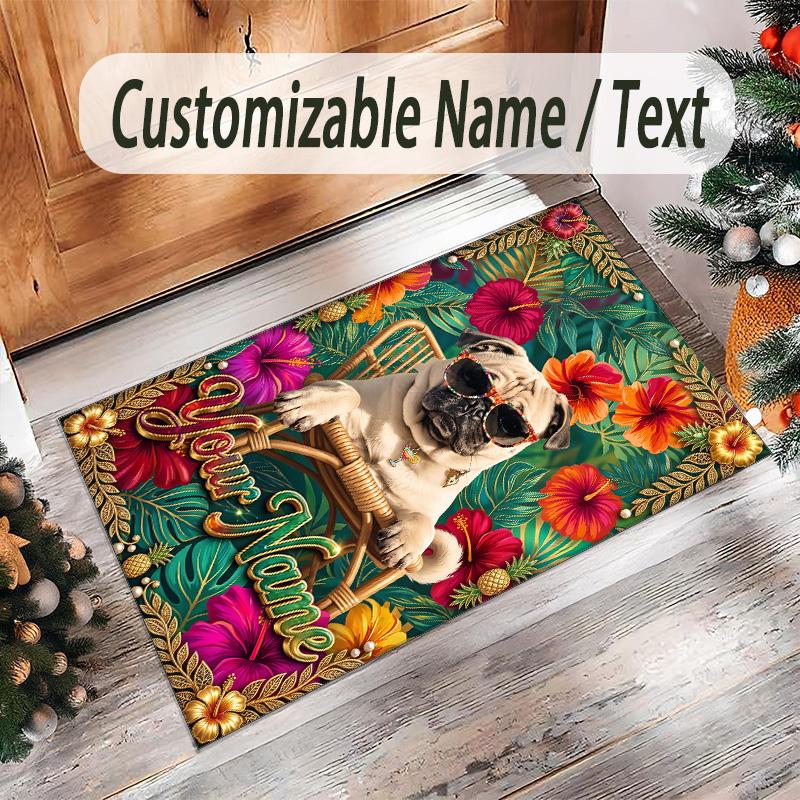 Pug Theme Crystal Velvet Floor Rug Personalized Custom Name Text Warm Carpet Home Decoration