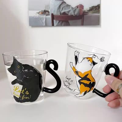 1-2pcs 250 Ml Cute Black Cat Glass Coffee Mug Set Handgrip Animal Shaped Milk Water Juice Mugs Tea Cup Japanese Style Gift