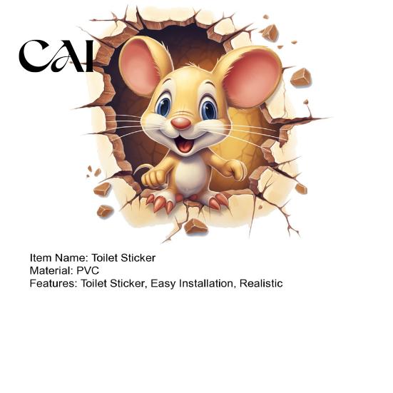 Easy Peel And Stick Home Decorations 3D Cartoon Mouse Toilet Sticker, Waterproof PVC Wall Decal, Self Washable Art for Bathrooms Adhesive Removable
