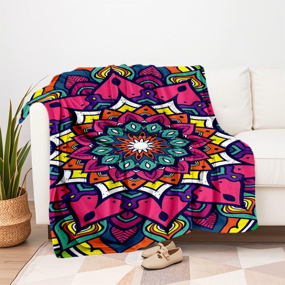 Colorful Mandala Pattern Phone WallpaperBlanket Flannel Throw Blanket for Sofa, Bed, Travel, Camping, Office, Couch, Chair, And Bed Gift for