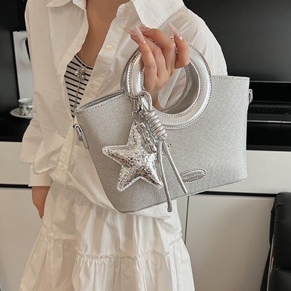 PU Sweet Star Silver Bag Tote Bag Shining Banquet Handbag Cute Small Basket Bag  Women