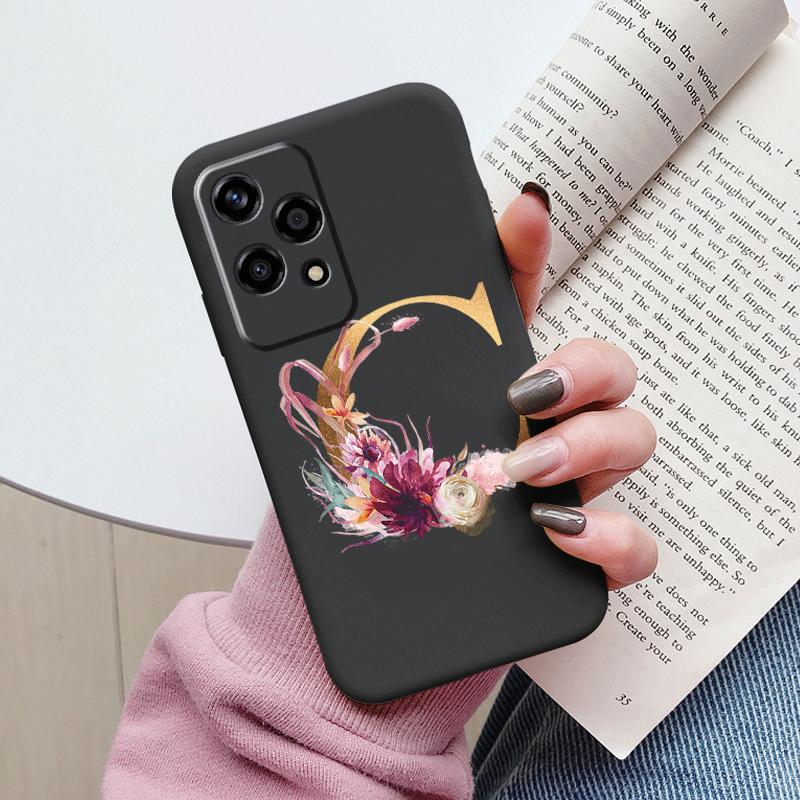 Gold Letter Case For Honor 200 Pro Lite Smart Black Shell Soft Cover For Honor 200Lite Protector Shockproof Funda Pink Flower