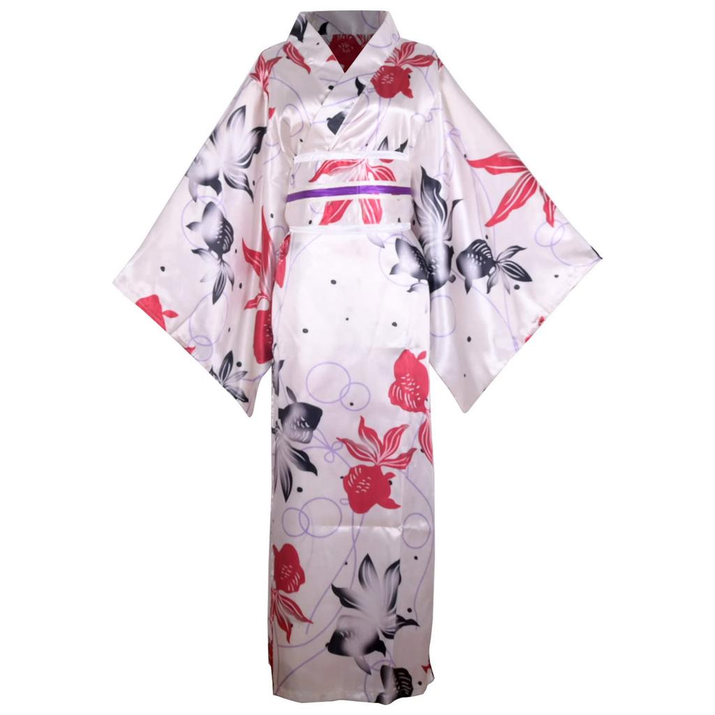 Kimono Costume with Sakura Floral Print Geisha Yukata Long Robe Fancy Dress Asian Japanese Yukata Sleepwear with Obi and Belt L15 Women's (M, - White)