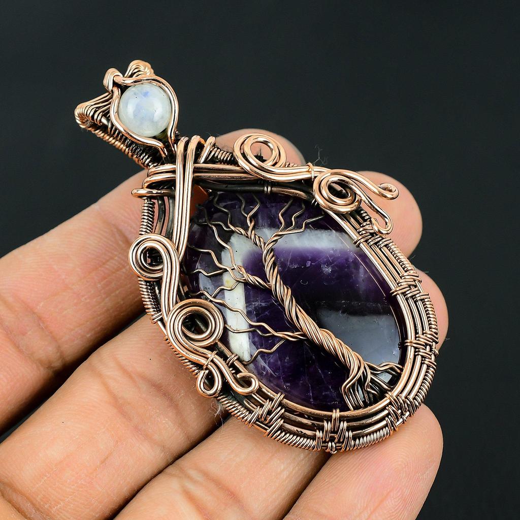 Handmade Tree of Life Copper Wire Wrapped Amethyst & Moonstone Pendant Necklace
