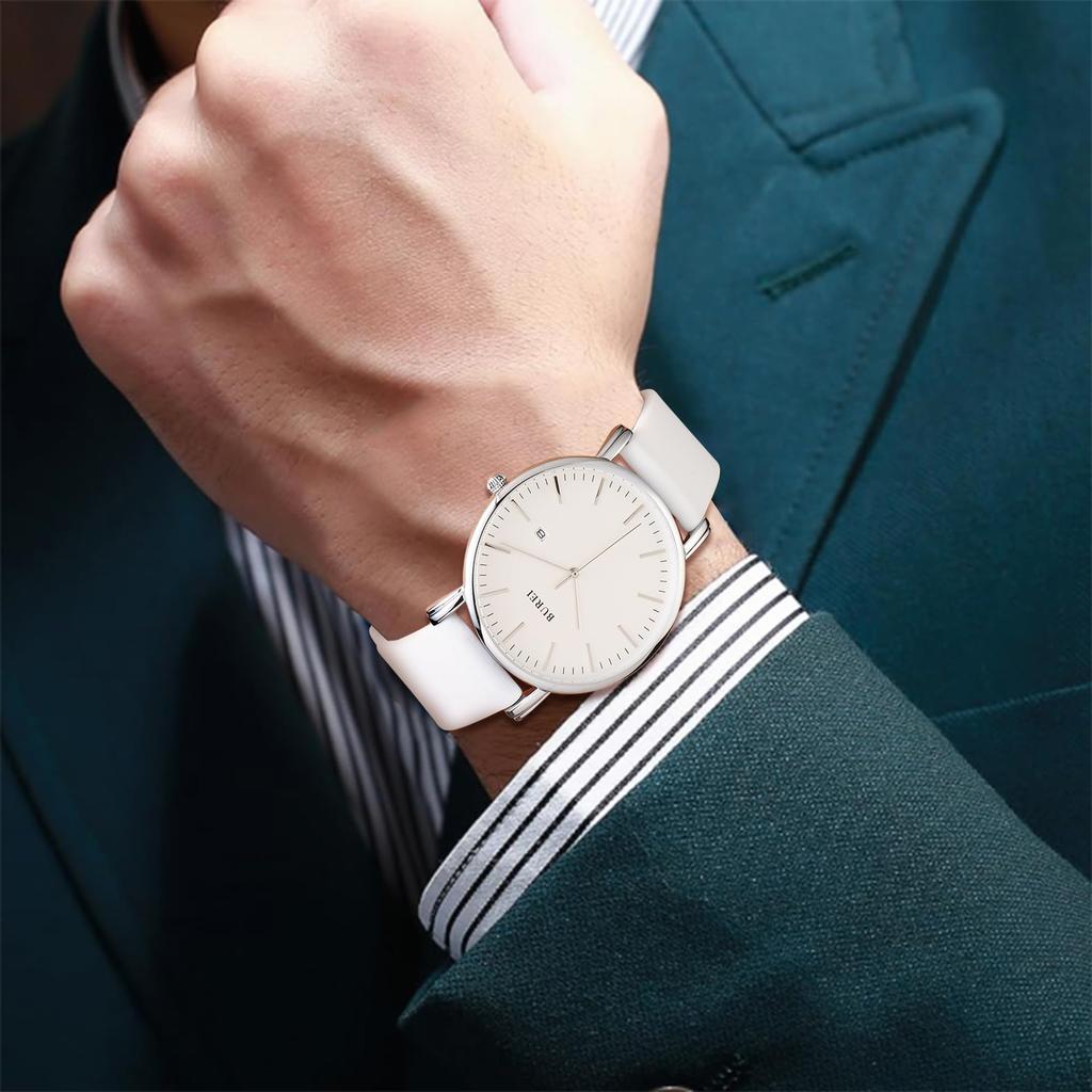 BUREI Men's Classic Analog Quartz Watch Date Ultra-thin Stainless Steel Mesh Band All Silver White Strap