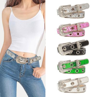 Damebelte glitter paljetter skinnende rhinestones multi hull justerbar lengde midjebånd imitert skinn Street Style belte