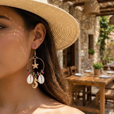 Tropical Fresh Drop Earrings For Women Starfish Shell Crystal Tassel Gold Tone Summer Beach Jewelry