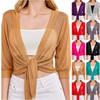 Dames Sheer Mesh Open Voorkant Strik Taille Cropped Vest Driekwart Mouw Lichtgewicht Gebreide Top