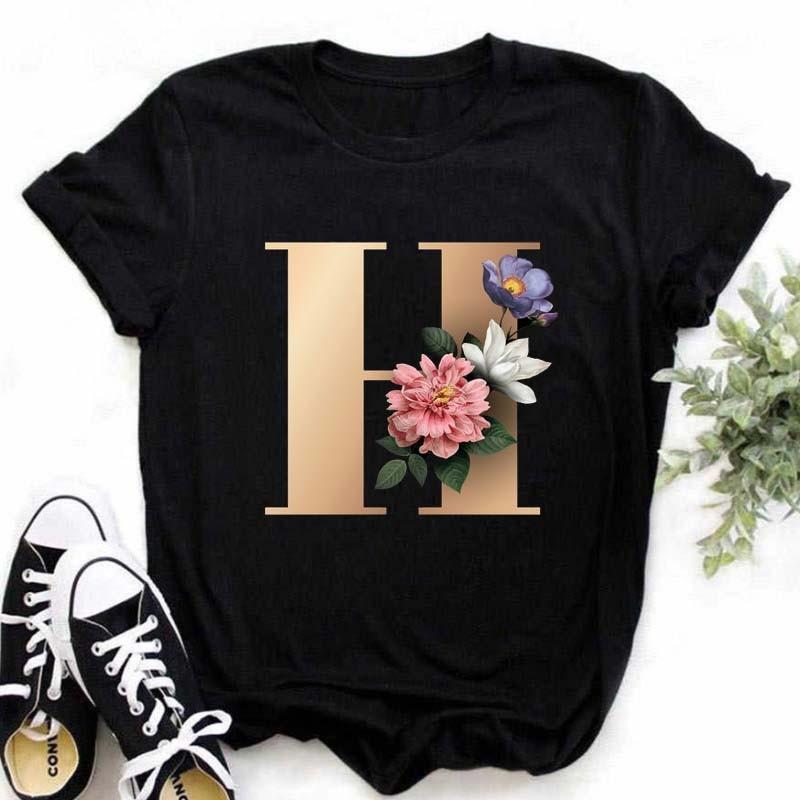 A B C D E Druck T-Shirt für Damen Neues Sommer Paare Liebhaber Damen T-Shirt Harajuku Lässig Schwarze Oberteile T-Shirts