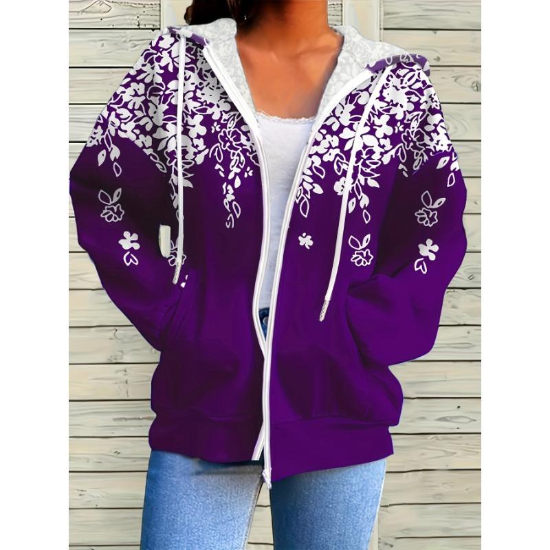 Plus Size Floral Print Zip-Up Hoodie for Women Stylish Comfortable Warm Casual Outerwear with Pockets
