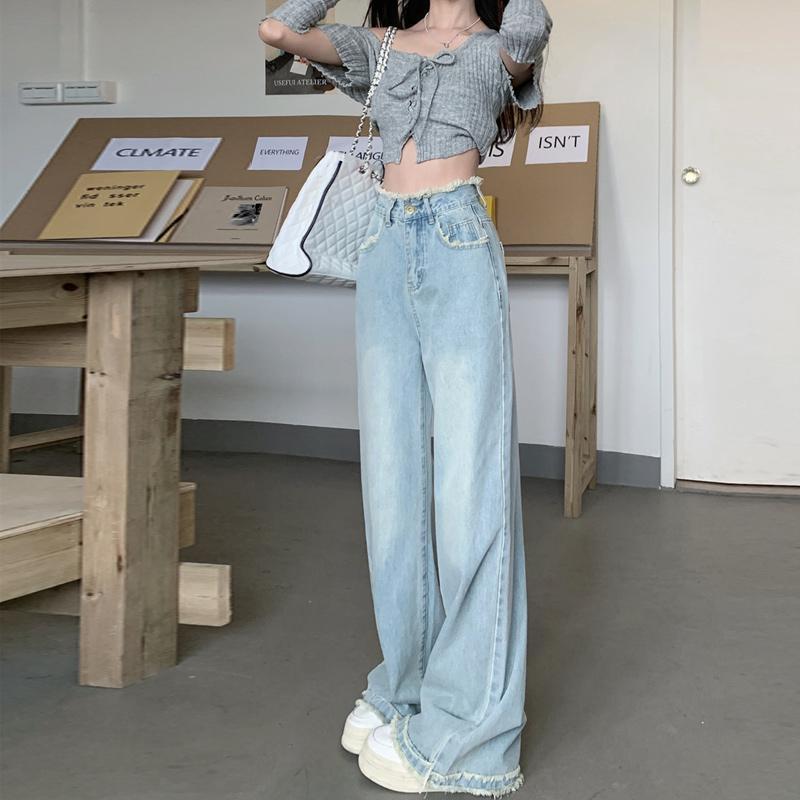 Retro High-Waist Light Blue Wide-Leg Jeans for Women - Autumn/Winter 2023