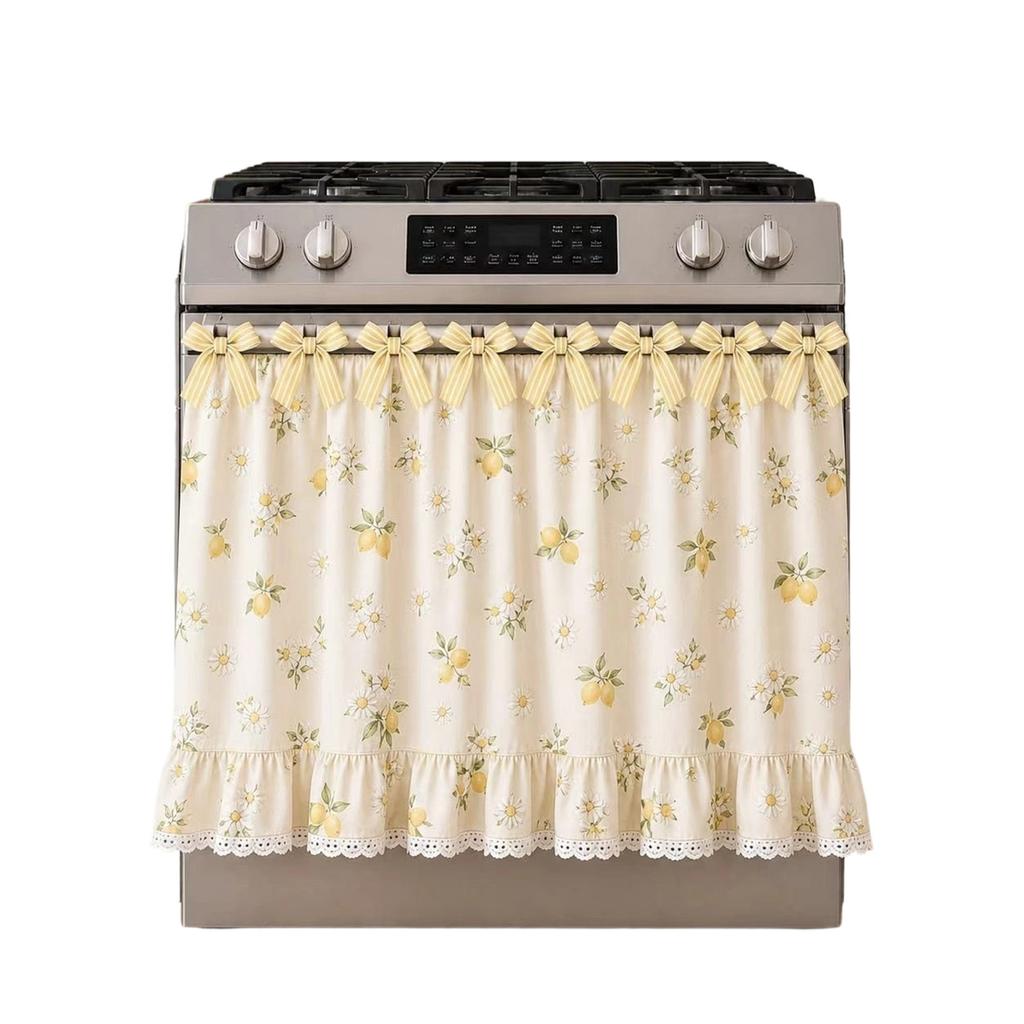 Lace Trim Oven Cover with Floral Print Decorative Dustproof Curtain for Kitchen Stove Protection and Appliance Enhancement