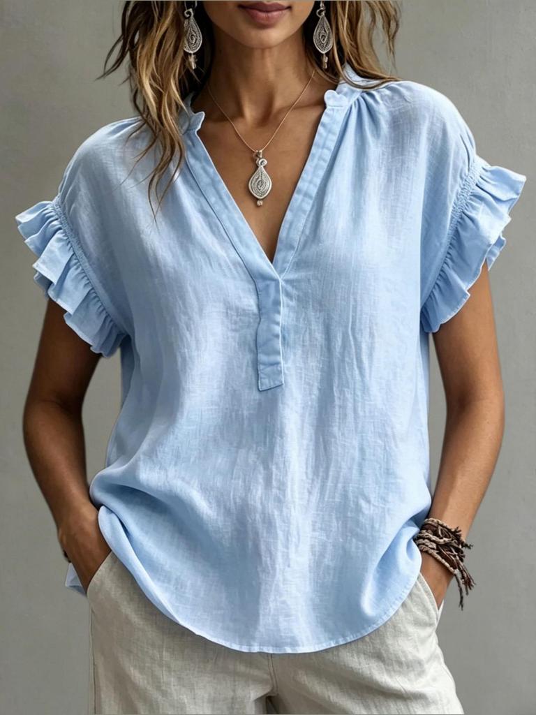 2026 European Bohemian V-Neck Short Sleeve Cotton Linen Women's Top