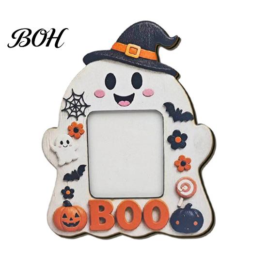 Festive Home Accents Halloween Wooden Photo Frame, Cute Ghost Pumpkin Picture Childlike Ornament Rustic Holder for Holiday Table Centerpiece