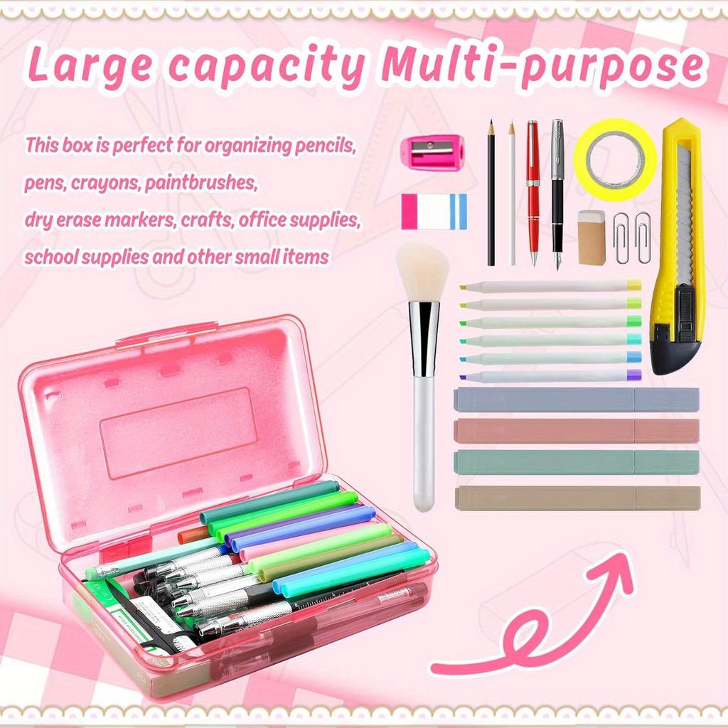 Pink Clear Large Plastic Hard Pencil Box Case for Girls Boys, Crayon Box for School Supplies and Office Supplies