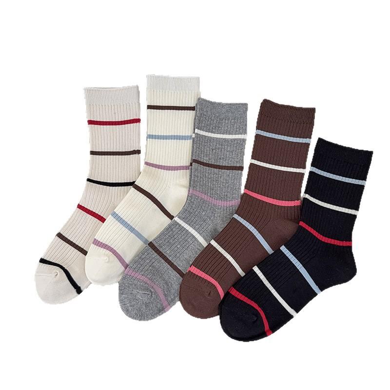 Wind Outfit Blogger Same Double-Needle Contrast Striped Socks Mid-Leg Socks Simple And Versatile Socks