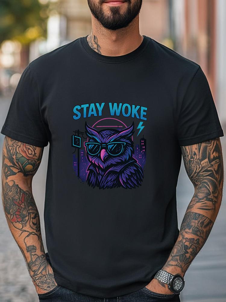 Stay Woke T-Shirt Neon Owl with Shades Graphic Tee Retro Vaporwave Streetwear Unisex T-Shirt XXXL